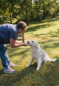 White Golden Retriever puppy receiving encouragement and praise during training